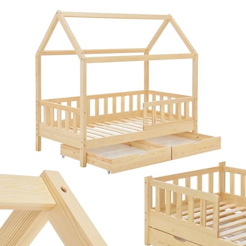 Juskys Kinderbett Marli 80 x 160 cm mit Bettkasten 2-teilig, Rausfallschutz, Lattenrost & Dach - Massivholz Hausbett für Kinder - Bett in Natur von Juskys