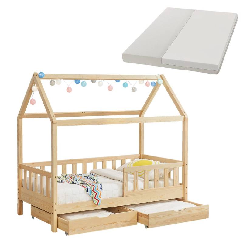 Juskys Kinderbett Marli 80 x 160 cm mit Bettkasten und Matratze Natur von Juskys