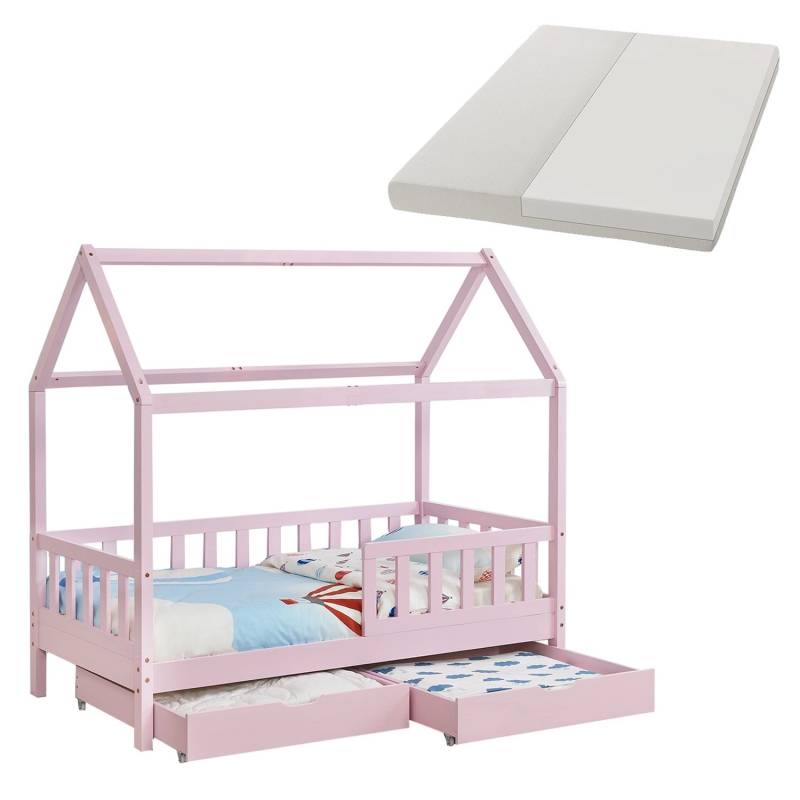 Juskys Kinderbett Marli 80 x 160 cm mit Bettkasten und Matratze Rosa von Juskys