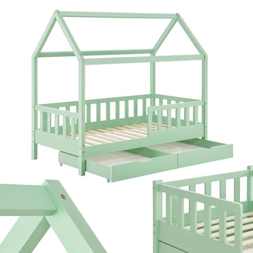 Juskys Kinderbett Marli 80 x 160 cm mit Matratze, Bettkasten, Rausfallschutz, Lattenrost & Dach - Massivholz Hausbett für Kinder - Bett in Mint Juskys Kinderbett Marli 80 x 160 cm mit Matratze, Bettkasten, Rausfallschutz, Lattenrost & Dach - Massivholz Hausbett für Kinder - Bett in Mint von Juskys