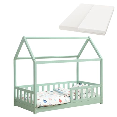 Juskys Kinderbett Marli 80 x 160 cm mit Matratze, Rausfallschutz, Lattenrost & Dach - Massivholz Hausbett für Kinder - Bett in Mint von Juskys