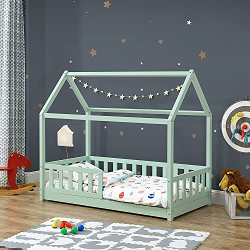 Juskys Kinderbett Marli 80 x 160 cm mit Rausfallschutz, Lattenrost und Dach - Hausbett für Kinder aus Massivholz - Bett in Mint-Grün von Juskys