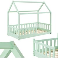 Kinderbett Marli 80 x 160 cm mit Rausfallschutz, Lattenrost und Dach - Hausbett für Kinder aus Massivholz - Bett in Mint - Juskys von Juskys