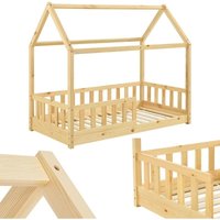 Kinderbett Marli 80 x 160 cm mit Rausfallschutz, Lattenrost und Dach - Hausbett für Kinder aus Massivholz - Bett in Natur - Juskys von Juskys