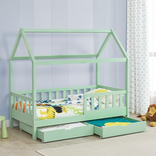 Juskys Kinderbett Marli 90 x 200 cm mit Bettkasten 2-teilig, Rausfallschutz, Lattenrost & Dach - Massivholz Hausbett für Kinder - Bett in Mint von Juskys