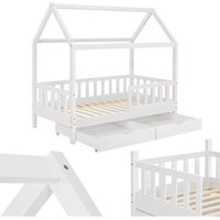 Kinderbett Marli 90 x 200 cm mit Bettkasten 2-teilig, Rausfallschutz, Lattenrost & Dach - Massivholz Hausbett für Kinder - Bett in Weiß - Juskys von Juskys