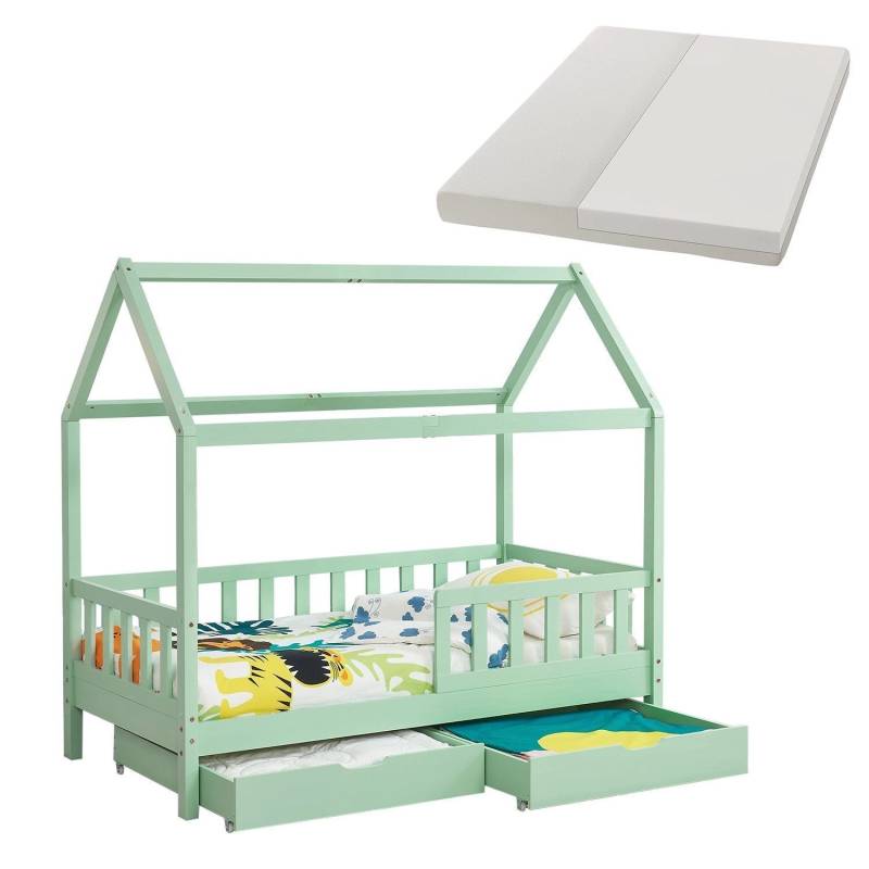 Juskys Kinderbett Marli 90 x 200 cm mit Bettkasten und Matratze Mint von Juskys