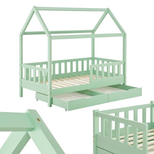 Juskys Kinderbett Marli 90 x 200 cm mit Matratze, Bettkasten, Rausfallschutz, Lattenrost & Dach - Massivholz Hausbett für Kinder - Bett in Mint von Juskys