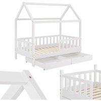 Juskys Kinderbett Marli 90 x 200 cm mit Matratze, Bettkasten, Rausfallschutz, Lattenrost & Dach - Massivholz Hausbett für Kinder - Bett in Weiß von Juskys