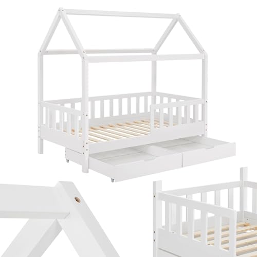 Juskys Kinderbett Marli 90 x 200 cm mit Matratze, Bettkasten, Rausfallschutz, Lattenrost & Dach - Massivholz Hausbett für Kinder - Bett in Weiß von Juskys
