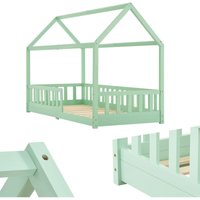 Kinderbett Marli 90 x 200 cm mit Matratze, Rausfallschutz, Lattenrost & Dach - Massivholz Hausbett für Kinder - Bett in Mint - Juskys von Juskys