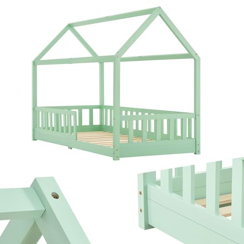 Juskys Kinderbett Marli 90 x 200 cm mit Matratze, Rausfallschutz, Lattenrost & Dach - Massivholz Hausbett für Kinder - Bett in Mint von Juskys