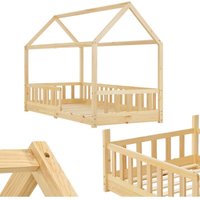 Kinderbett Marli 90 x 200 cm mit Matratze, Rausfallschutz, Lattenrost & Dach - Massivholz Hausbett für Kinder - Bett in Natur - Juskys von Juskys
