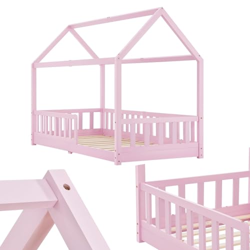 Juskys Kinderbett Marli 90 x 200 cm mit Matratze, Rausfallschutz, Lattenrost & Dach - Massivholz Hausbett für Kinder - Bett in Rosa von Juskys