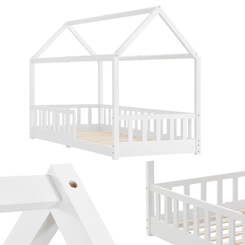 Juskys Kinderbett Marli 90 x 200 cm mit Matratze, Rausfallschutz, Lattenrost & Dach - Massivholz Hausbett für Kinder - Bett in Weiß von Juskys
