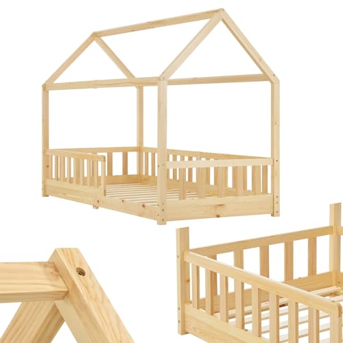 Juskys Kinderbett Marli 90 x 200 cm mit Rausfallschutz, Lattenrost und Dach - Massivholz Hausbett für Kinder - Bett in Natur von Juskys