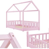 Kinderbett Marli 90 x 200 cm mit Rausfallschutz, Lattenrost und Dach - Massivholz Hausbett für Kinder - Bett in Rosa - Juskys von Juskys