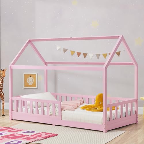 Juskys Kinderbett Marli 90 x 200 cm mit Rausfallschutz, Lattenrost und Dach - Massivholz Hausbett für Kinder - Bett in Rosa von Juskys