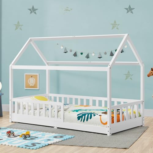 Juskys Kinderbett Marli 90 x 200 cm mit Rausfallschutz, Lattenrost und Dach - Massivholz Hausbett für Kinder - Bett in Weiß von Juskys