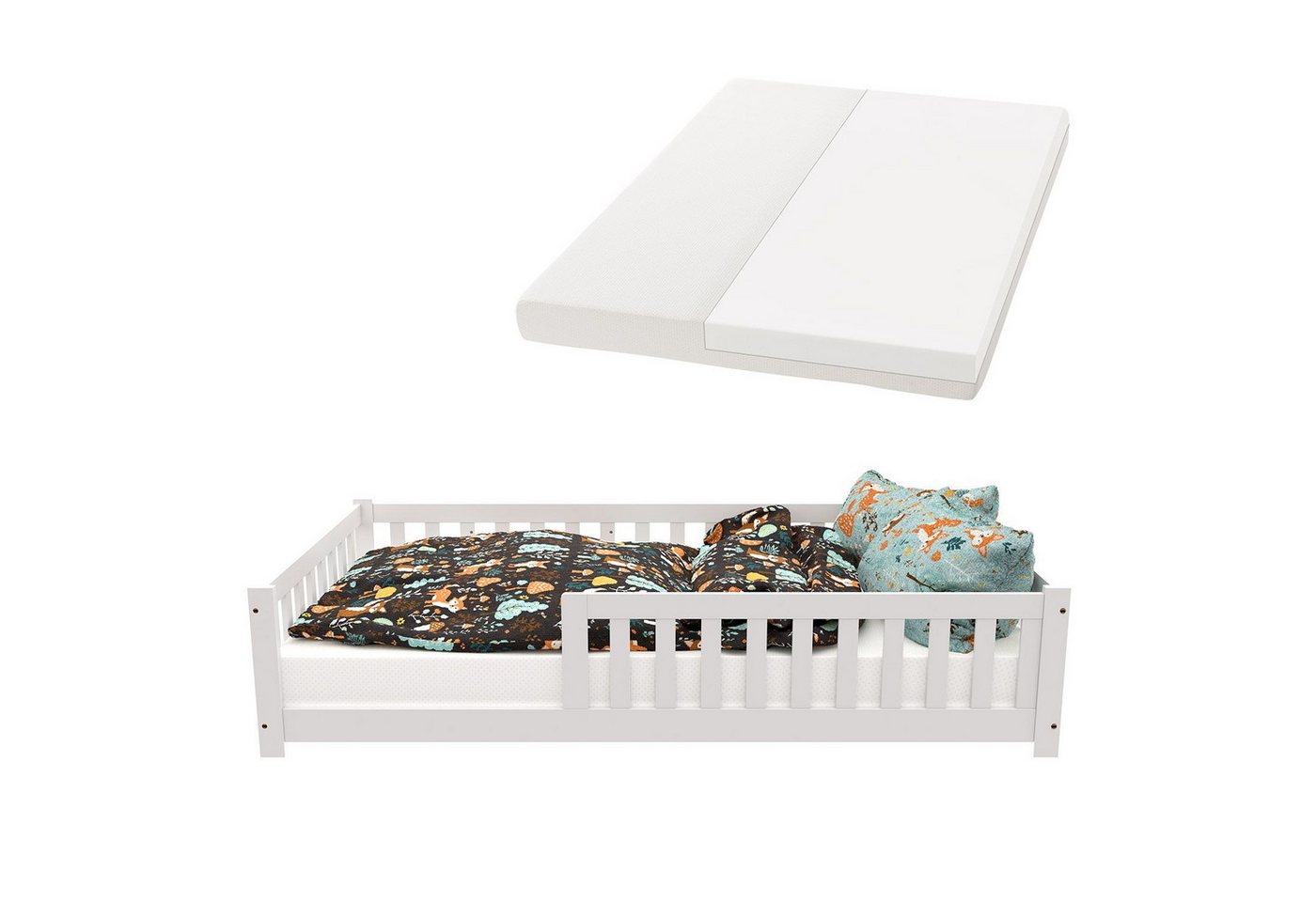 Juskys Kinderbett Naya, 120x200 cm Bodenbett, Holz, mit Matratze, Rausfallschutz & Lattenrost von Juskys