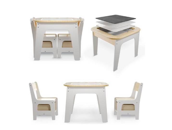 Juskys Kindersitzgruppe Milou, Set mit 2 Stühlen & 1 Tisch, Holz Spieltisch, Stauraum & Wendeplatten, beige, Natur von Juskys