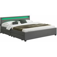 Led Polsterbett Lyon mit Bettkasten – Bettgestell aus Holz & Kunstleder mit Lattenrost – Doppelbett Schlafzimmer Möbel – 180 x 200 cm - grau - Juskys von Juskys