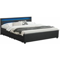 Led Polsterbett Lyon mit Bettkasten – Bettgestell aus Holz & Kunstleder mit Lattenrost – Doppelbett Schlafzimmer Möbel – 180 x 200 cm - schwarz von Juskys