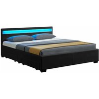 Juskys LED Polsterbett Lyon mit Bettkasten – Bettgestell aus Holz & Kunstleder mit Lattenrost – Einzelbett Jugendzimmer Möbel – 140 x 200 cm - schwarz von Juskys