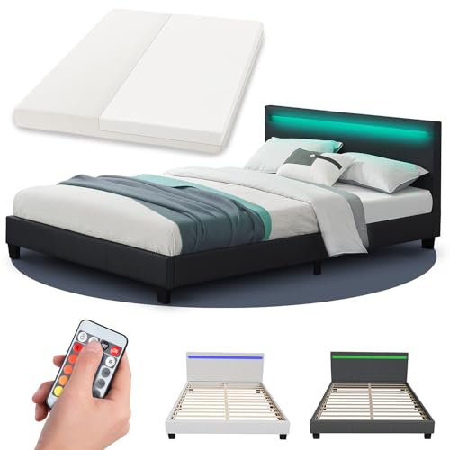 Juskys Polsterbett Paris 140x200 cm mit LED Beleuchtung, Matratze, Lattenrost & Kopfteil - Kunstleder & Holz - schwarz - Bett Jugendbett Bettgestell von Juskys