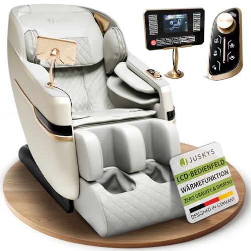 Juskys Massagesessel Naxos, elektronisch mit LCD-Bedienfeld, USB, Bluetooth, Airbags, Rollenmassage, Wärmefunktion, Fußverlängerung & Timer – Weiß/Hellgrau von Juskys