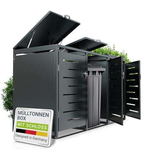 Juskys Mülltonnenbox Arel 3er - Metall Gartenbox für 120 BZW. 240 Liter Mülltonnen - Aufbewahrungsbox abschließbar - Unterstand mit Dach & Gasdruckfeder - Anthrazit von Juskys