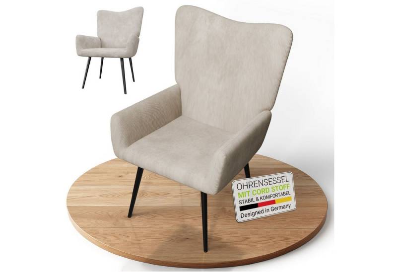 Juskys Ohrensessel Odense, Optionaler Hocker, große Rückenlehne, weicher Stoff, Stahlgestell von Juskys