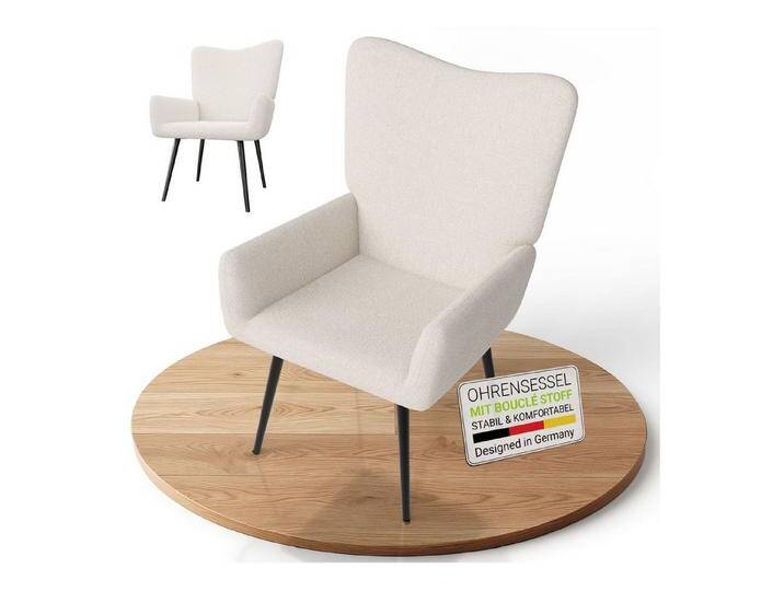 Juskys Ohrensessel Odense (1-St), Optionaler Hocker, große Rückenlehne, weicher Stoff, Stahlgestell, beige von Juskys