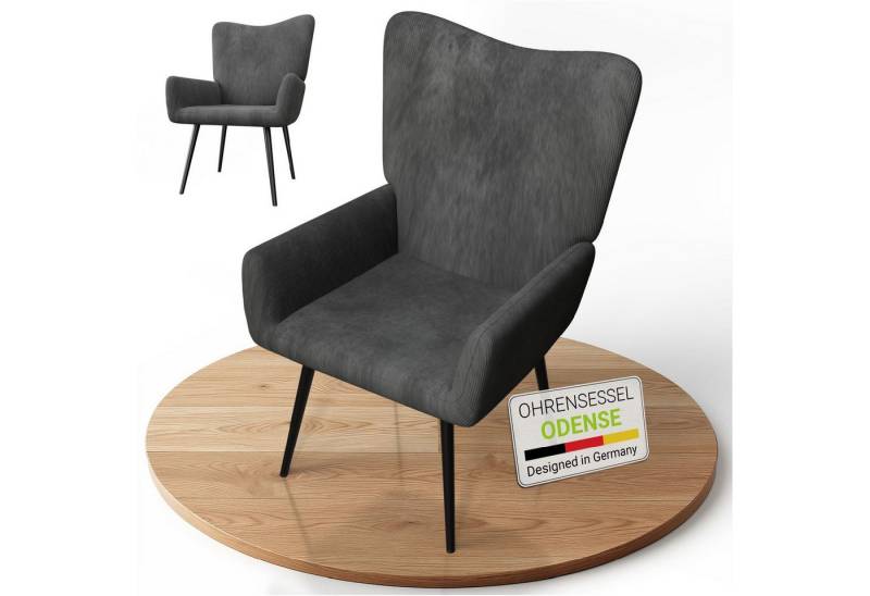 Juskys Ohrensessel Odense (1-St), Optionaler Hocker, große Rückenlehne, weicher Stoff, Stahlgestell von Juskys