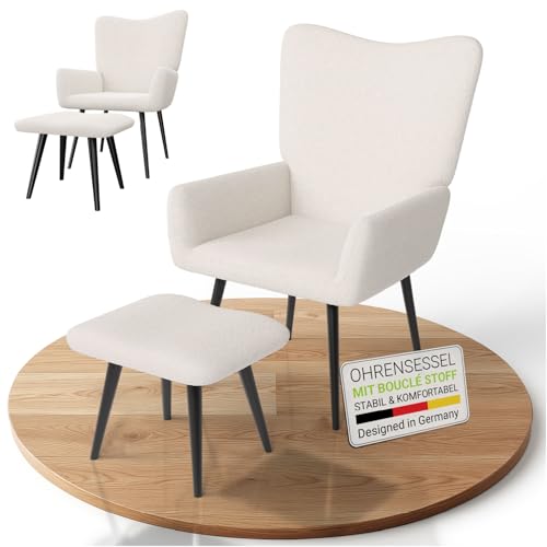 Juskys Ohrensessel Odense mit Hocker, Relaxsessel mit Bouclé-Stoff, skandinavischer Stil, hoher Rücken & gepolstert, Stahlgestell – Beige von Juskys