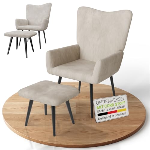 Juskys Ohrensessel Odense mit Hocker, Relaxsessel mit Cord-Stoff, skandinavischer Stil, hoher Rücken & gepolstert, Stahlgestell – Beige von Juskys