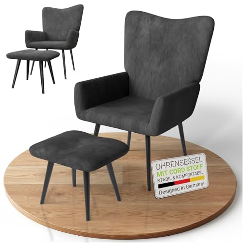 Juskys Ohrensessel Odense mit Hocker, Relaxsessel mit Cord-Stoff, skandinavischer Stil, hoher Rücken & gepolstert, Stahlgestell – Grau Juskys Ohrensessel Odense mit Hocker, Relaxsessel mit Cord-Stoff, skandinavischer Stil, hoher Rücken & gepolstert, Stahlgestell – Grau von Juskys