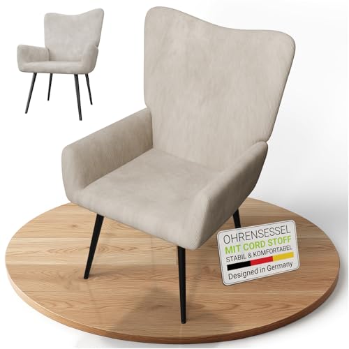 Juskys Ohrensessel Odense ohne Hocker, Relaxsessel mit Cord-Stoff, skandinavischer Stil, hoher Rücken & gepolstert, Stahlgestell – Beige von Juskys