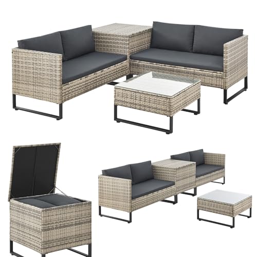 Juskys Outdoor Polyrattan Lounge Santorini - Gartenlounge mit Beistelltisch & Auflagenbox - Gartenmöbel Set Rattan Sitzecke wetterfest - Grau-meliert von Juskys