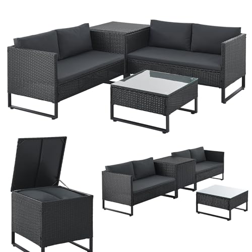 Juskys Outdoor Polyrattan Lounge Santorini - Gartenlounge mit Beistelltisch & Auflagenbox - Gartenmöbel Set Rattan Sitzecke wetterfest - Schwarz von Juskys