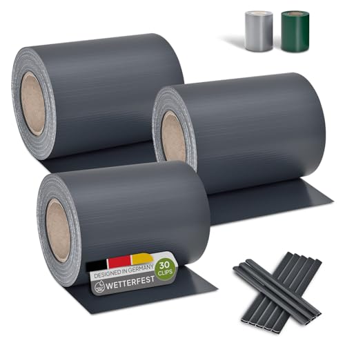 Juskys PVC Sichtschutzstreifen Doppelstabmatten Zaun 3er Set - 3 Rollen á 35m x 19cm - 90 Befestigungsclips - Zaunfolie Sichtschutz Windschutz - anthrazit von Juskys