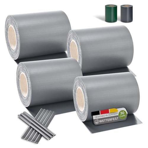 Juskys PVC Sichtschutzstreifen Doppelstabmatten Zaun 4er Set - 4 Rollen á 35m x 19cm - 120 Befestigungsclips - Zaunfolie Sichtschutz Windschutz - hellgrau von Juskys