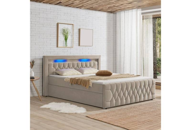 Juskys Polsterbett Leona, 180x200 cm, Boxspringbett-Optik, Samt-Bezug, LED-Licht, H4 Matratze von Juskys