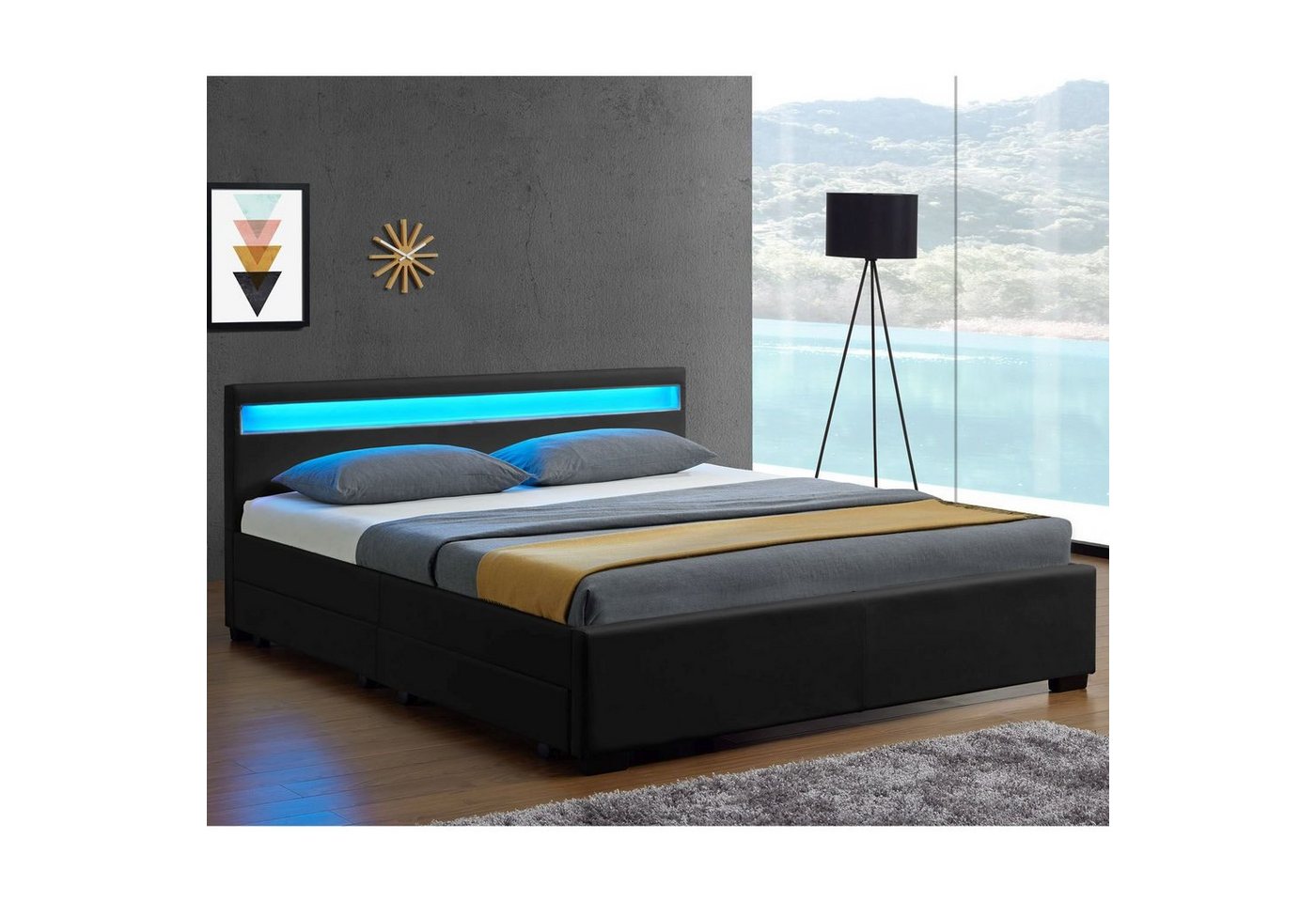 Juskys Polsterbett Lyon, 140x200 cm, ausziehbare Bettkästen, LED-Licht, gepolstertes Kopfteil von Juskys