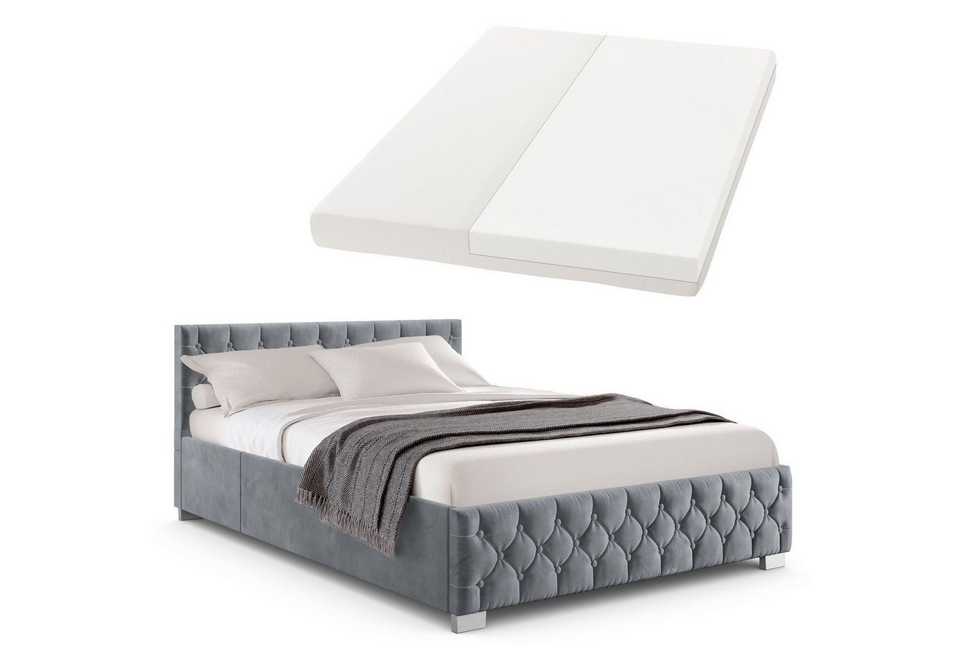 Juskys Polsterbett Nizza, 120x200 cm, LED Licht, Stauraum, Samtbezug, inkl. Matratze von Juskys