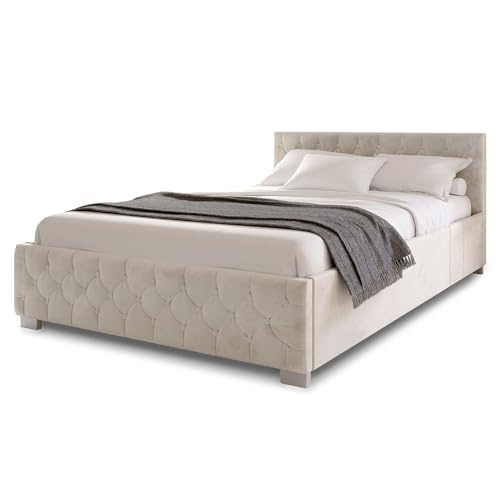 Juskys Polsterbett Nizza 180x200 cm Samt mit Stauraum, LED Beleuchtung & Lattenrost - Chesterfield Steppung & Kopfteil - Bett Bettgestell - Beige von Juskys