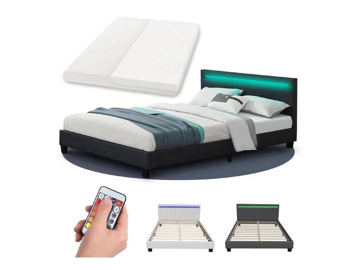 Juskys Polsterbett Paris, 140x200 cm, RGB-LED, Kunstleder, weiches Kopfteil, inkl. Matratze, schwarz, 140x200 cm, Schwarz von Juskys