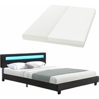 Juskys Polsterbett Paris 180 x 200 cm mit Matratze, Lattenrost, LED Beleuchtung & Kopfteil - Kunstleder & Holz - Bett Bettgestell Doppelbett - schwarz von Juskys