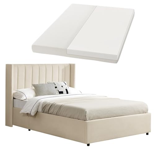 Juskys Polsterbett Savona 120x200 cm mit Matratze, Bett mit Stauraum, Samt-Bezug, Bettgestell aus Holz, bis 250 kg, großes Kopfteil, Beige von Juskys