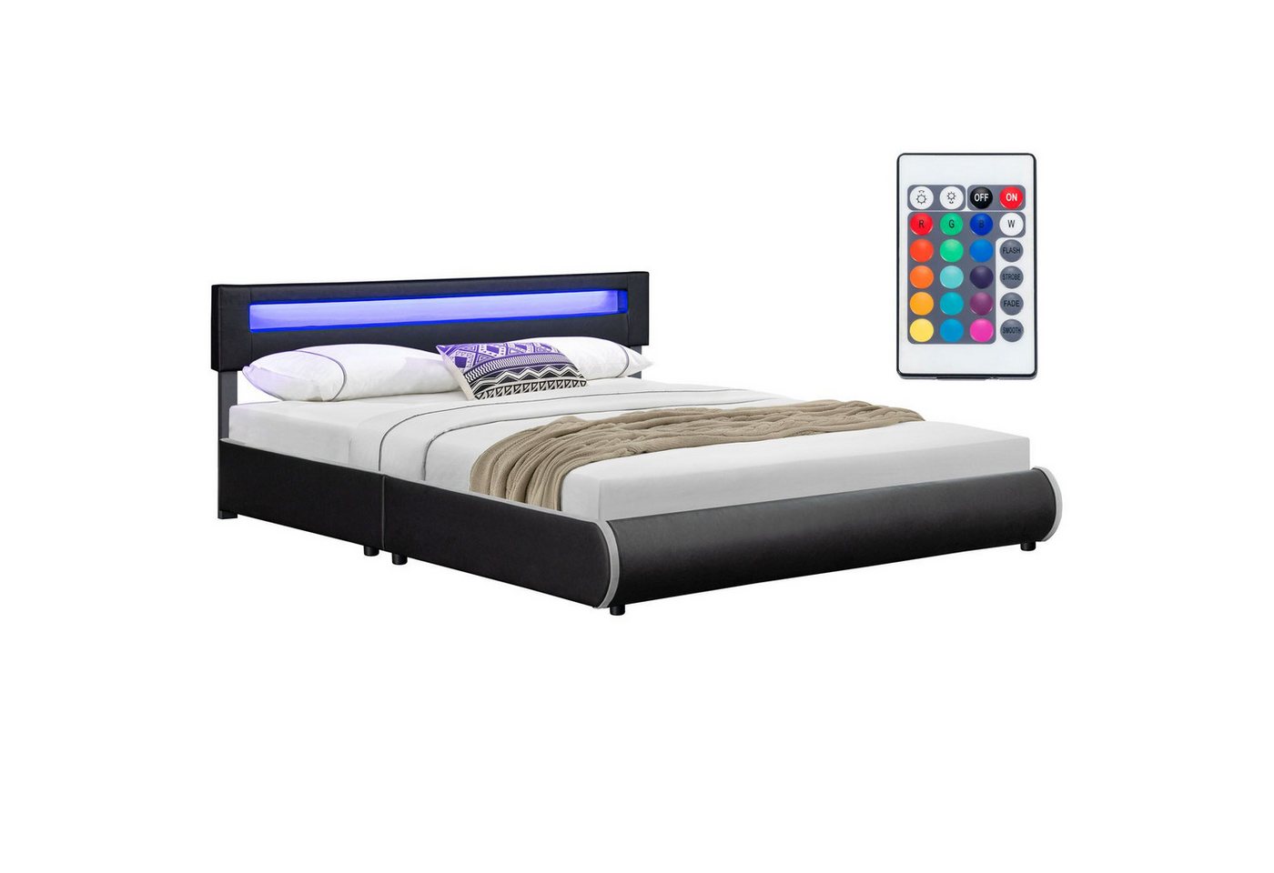 Juskys Polsterbett Sevilla, 180x200 cm, RGB-LED, Kunstleder, gepolstertes Kopfteil von Juskys